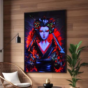 Arte en lienzo de geisha ciberpunk: arte mural de neón futurista, retrato llamativo de inspiración japonesa, listo para colgar, enmarcado o sin marco