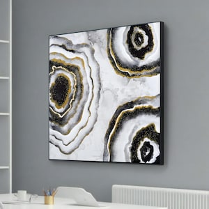 Geode-Inspired Abstract Canvas - Black, White, and Gold Textured Wall Art - Modern Abstract Art for Home Decor - Large Canvas Print