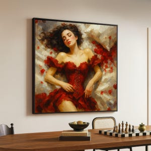 Elegant Woman in Red Dress Canvas, Romantic Portrait Wall Art, Vintage Style Figure Painting, Feminine Home Decoration, Ready to Hang Canvas
