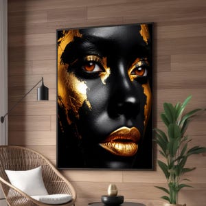 Bold Black and Gold Face Portrait Canvas, Metallic Makeup Art, Modern Glamour Wall Decor, Luxury Beauty Canvas, Close-up Face Painting