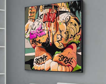Bold Graffiti Tattoo Art Canvas - Urban Pop Art Street Style - Provocative and Vibrant Wall Decor