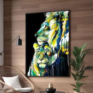 Colorful Lion Couple Canvas Art - Abstract King and Queen of the Jungle Painting - Vibrant Wildlife Wall Decor for Modern Homes
