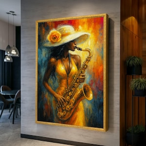 Jazz Musician Woman Canvas, Saxophone Player Wall Art, Abstract Musical Instrument Painting, Vibrant Yellow Dress Canvas Decor, Modern Art