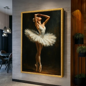 Elegante Ballerina-Pose-Leinwand, weißes Tutu-Balletttänzerin-Wandkunst, klassische Tanzmalerei, Ballett-Wohndekor, fertig zum Aufhängen