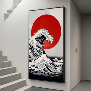 The Great Wave Canvas Wall Art, Japanese Ocean Wave Print, Red Sun Abstract, Traditional Ukiyo-e Style Canvas, Home Decor Painting