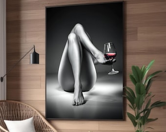 Modern Minimalist Female Legs with Wine Glass Canvas Art - Surreal Monochrome Wall Decor - Framed or Ready to Hang Art for Home or Office