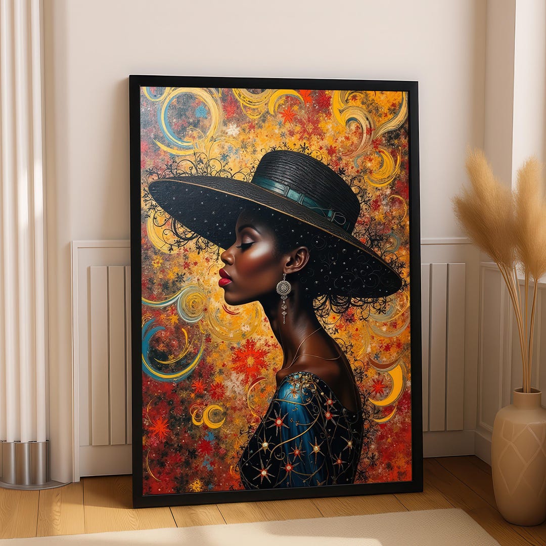 Elegant Black Woman Portrait Canvas - Regal Profile With Large Hat and ...