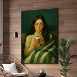 Cozy Autumn Moment, Woman with Coffee Canvas, Warm Beverage Wall Art, Relaxing Home Decor, Soft Tones Portrait Canvas