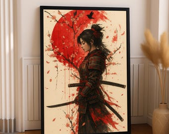 Japanese Samurai Woman Wall Art - Cherry Blossom Katana Warrior Print - Red Rising Sun Japan Style Canvas