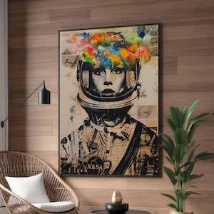Astronaut Woman Canvas Print – Vibrant Pop Art with NASA Space Theme and Graffiti Splashes, Modern Wall Art for Space Lovers