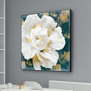 White Floral Gold Leaf Canvas Print - Elegant Flower Art with Metallic Accents - Botanical Home Decor