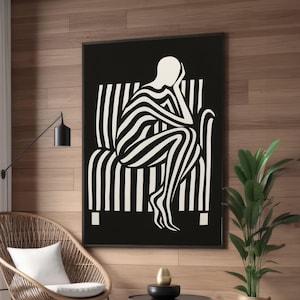 Abstract Striped Figure Canvas Art, Modern Black and White Wall Decor, Minimalist Human Silhouette, Contemporary Living Room Wall Art,