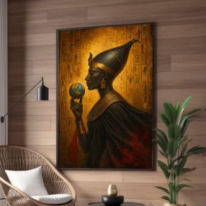 Ancient Egyptian Pharaoh Profile Canvas, Historical Wall Art, Egyptian Hieroglyphs Canvas, Royal Figure Canvas Decor, World Globe Art Print
