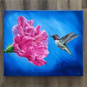 Original Flower and Hummingbird Painting, Hand Painted Wall Art, Australian Artist, Flower Home Decor