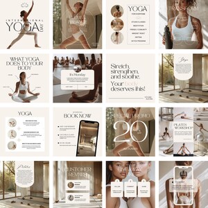 May include: A collage of images promoting yoga and pilates classes. The images feature people in various yoga poses, text about the benefits of yoga, and information about class schedules and promotions.