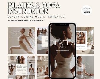May include: A set of social media templates for Pilates and yoga instructors. The templates feature images of people doing Pilates and yoga poses, as well as text that says "Controlled Pilates", "Yoga Workshop", "Pilates Class", and "Balanced Nutrition". The templates are designed to be used on Instagram and other social media platforms.