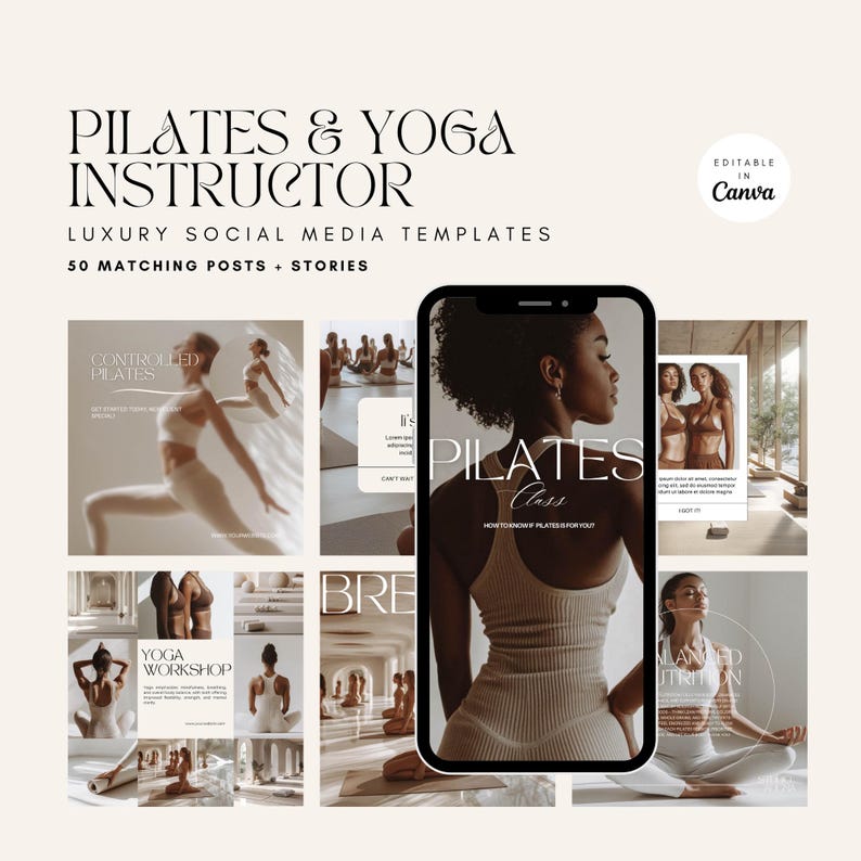 May include: A set of social media templates for Pilates and yoga instructors. The templates feature images of people doing Pilates and yoga poses, as well as text that says "Controlled Pilates", "Yoga Workshop", "Pilates Class", and "Balanced Nutrition". The templates are designed to be used on Instagram and other social media platforms.