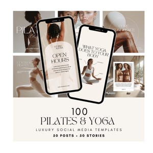 May include: A collage of social media templates for Pilates and Yoga studios. The templates feature images of people doing Pilates and Yoga poses, along with text that says "Controlled Pilates", "Studio Augna", "Open Hours", "What Yoga Does to Your Body", and "Core Confidence".