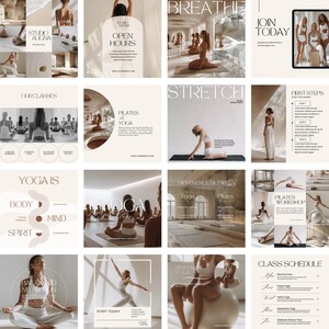 May include: A collage of images promoting a yoga and pilates studio. The images feature people in various yoga poses, a class schedule, and information about the studio's open hours and classes. The text "Studio Aligna" is featured in several of the images.