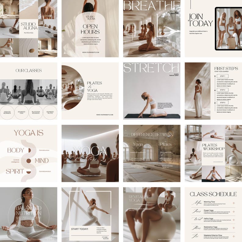 May include: A collage of images promoting a yoga and pilates studio. The images feature people in various yoga poses, a class schedule, and information about the studio's open hours and classes. The text "Studio Aligna" is featured in several of the images.