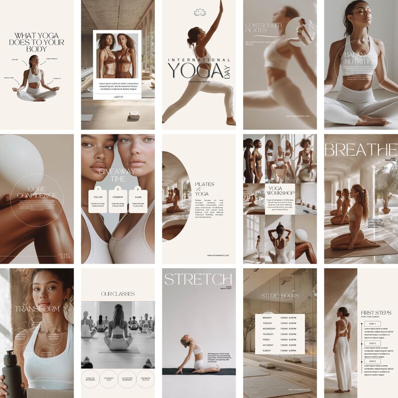 May include: A collage of images promoting a yoga studio. The images feature people practicing yoga, pilates, and meditation. The text includes "International Yoga Day", "Breathe", "Stretch", "Our Classes", and "Studio Hours".