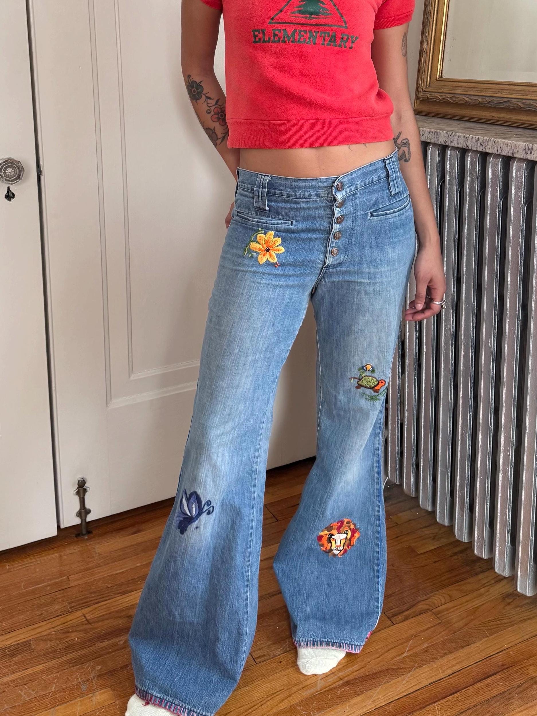 Vintage 70s Embroidered Jeans - Etsy Vintage 70s Embroidered Jeans - Etsy