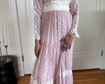 Vintage Gunne Sax Pink Prairie Mixi Dress-1970s Gunne Sax