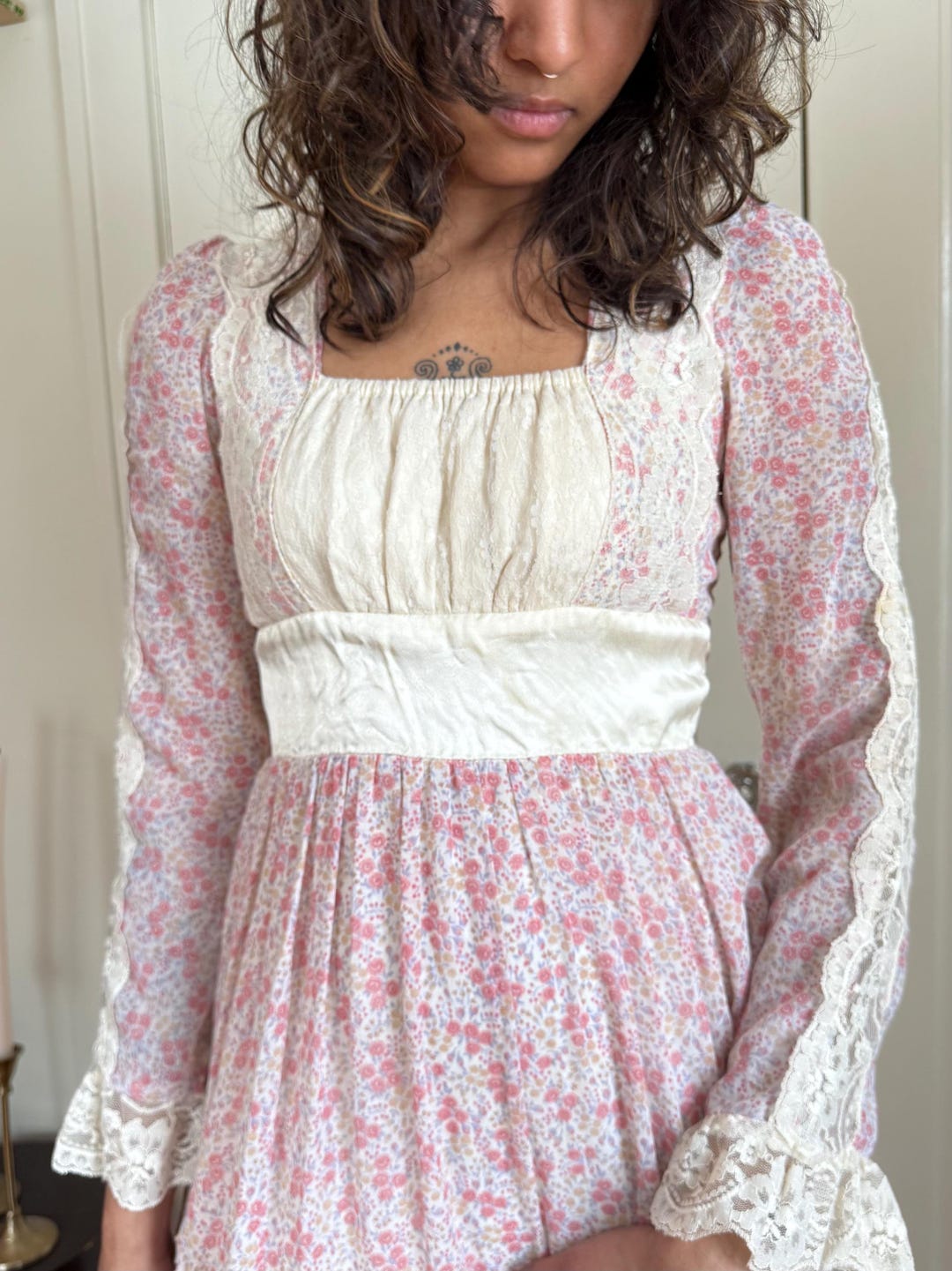 RARE Vintage 1970s Antique Gunne Sax Pink and Cream Floral Prairie ...