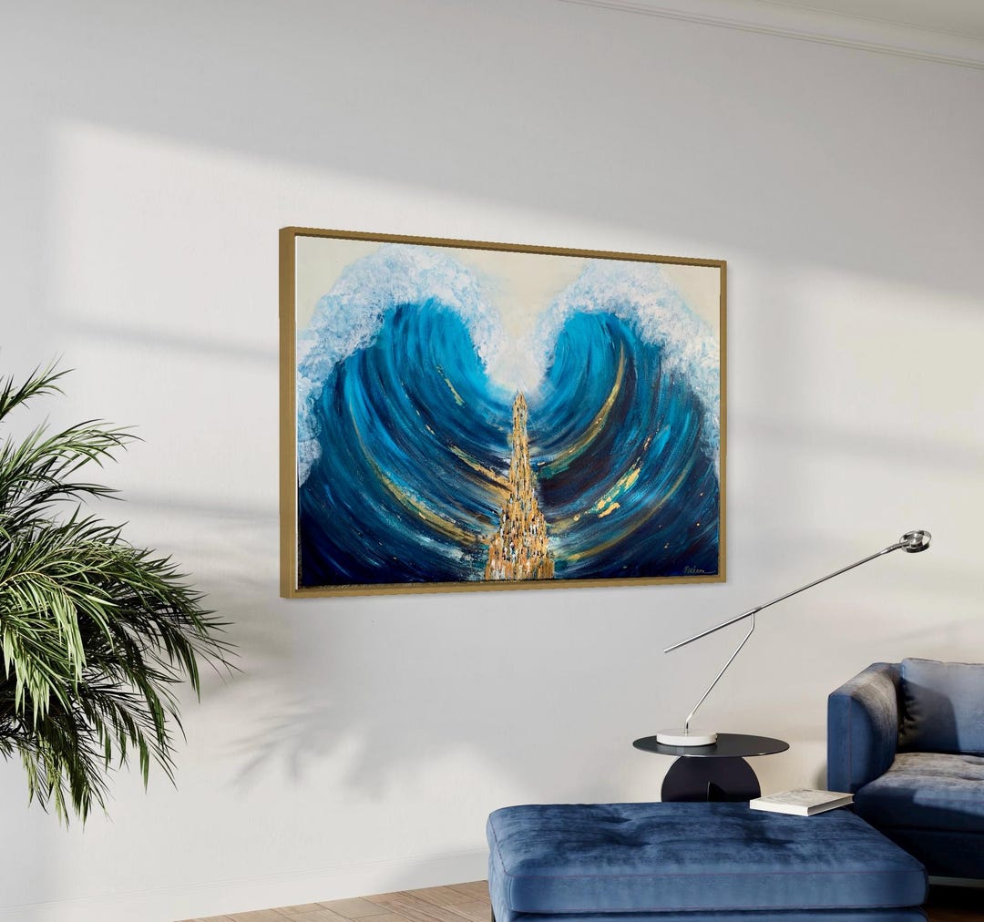 Blue and Gold Splitting Sea Painting, Jewish Wall Art - Etsy