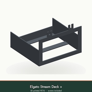 May include: A dark gray 3D printed PETG mounting bracket for an Elgato Stream Deck +. The frame features a rectangular open front, side panels, and two small upward-facing tabs on the top edge for secure attachment. Screws are included.