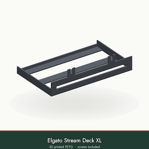 May include: A black 3D printed PETG mounting bracket for an Elgato Stream Deck XL. The frame features a rectangular base with two vertical support tabs on the front edge and a raised back panel, designed to hold the device securely in place.