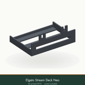 May include: A dark gray 3D printed PETG mounting bracket for an Elgato Stream Deck Neo. The rectangular frame features integrated vertical supports and slots designed for secure attachment, with screws included for the installation process.