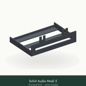 May include: A dark gray 3D printed PETG mounting bracket for a Schiit Audio Modi 5 device. The rectangular frame features an open center design with two vertical tabs on the front edge and a solid back support rail for secure equipment placement.