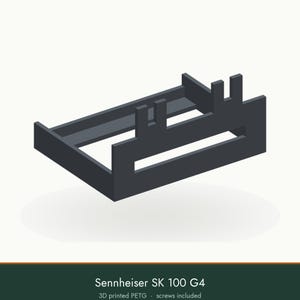 May include: A dark gray 3D printed PETG mounting bracket for a Sennheiser SK 100 G4 wireless transmitter. The rectangular frame features two vertical tabs with cutouts on the front edge and includes mounting screws for installation.