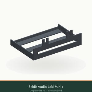 May include: A dark gray 3D printed PETG mounting bracket for Schiit Audio Loki Mini+ equipment. The rectangular frame features two vertical tabs on the front edge and a horizontal support bar, designed to hold audio components securely in place.