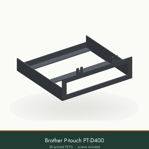 May include: A dark gray 3D printed PETG mounting bracket for a Brother P-touch PT-D400 label maker. The rectangular frame features an open center, side walls, and two small upward-facing tabs on the front edge for secure attachment.