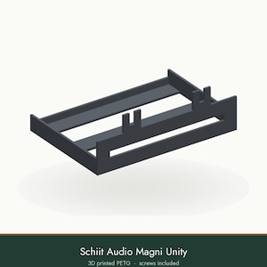May include: A dark gray 3D printed PETG mounting bracket for Schiit Audio Magni Unity. The rectangular frame features two vertical tabs on the front edge and includes screws. This rigid component is designed to hold audio equipment securely.