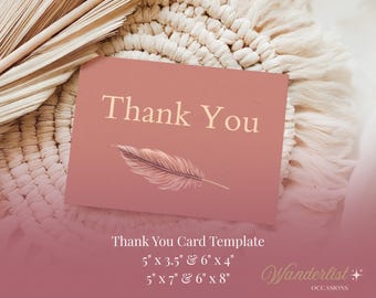 Tarjeta de agradecimiento con plumas de terracota editables / Plantilla de Canva / Tamaños plegables y planos / Imprimible estilo bohemio / Descarga instantánea / Papelería para eventos