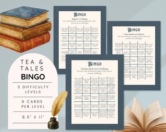 Tarjetas de bingo de lectura / Desafío de libros de té y cuentos / Juego imprimible y editable en Canva / 3 niveles de dificultad / Actividad de club de lectura acogedora en PDF