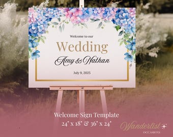 Letrero de bienvenida de hortensias para bodas – Plantilla editable de Canva / Póster de bienvenida floral azul para bodas y despedidas / Descarga instantánea / 2 tamaños
