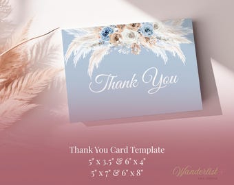 Tarjeta de agradecimiento con plumas de terracota editables / Plantilla de Canva / Tamaños plegables y planos / Imprimible estilo bohemio / Descarga instantánea / Papelería para eventos