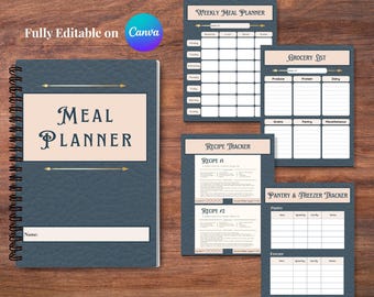 Planificador de comidas vintage / Menú semanal imprimible y lista de la compra / Plantilla de libro de cocina / Descarga Canva acogedora / PDF rústico cottagecore