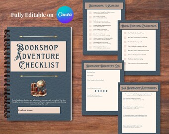 Lista de verificación imprimible para aventuras en librerías: desafío de lectura, búsqueda del tesoro en librerías, regalo literario / Diseño vintage del Viejo Mundo - Editar en Canva