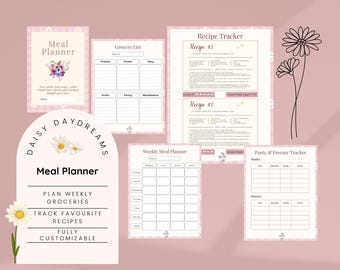 Planificador de comidas Daisy Daydreams / Diario de comidas imprimible Soft Girl / Menú semanal y seguimiento de compras en tonos pastel / Plantilla editable en Canva (PDF)