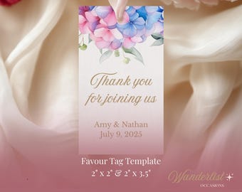 Plantilla de etiquetas de regalo de hortensia • Etiqueta de agradecimiento imprimible • Etiqueta de regalo para fiesta de despedida de soltera • Etiqueta floral azul editable • 2 tamaños incluidos