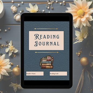 May include: A digital reading journal template on a tablet screen. The template has a blue background with a pink title bar that says "Reading Journal". There are fields for the reader's name and reading goal.