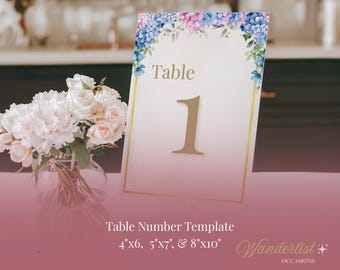 Plantilla de números de mesa de hortensias • Letreros de mesa de boda florales azules del 1 al 20 • Números de mesa imprimibles en Canva • Decoración de descarga instantánea