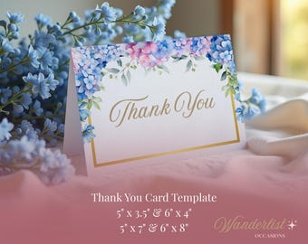Plantilla de tarjeta de agradecimiento con hortensias / Imprimible floral para bodas, baby showers, despedidas de soltera y cumpleaños / Editable en Canva / Varios tamaños