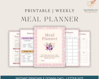 Planificador de comidas semanal imprimible/editable en Canva. Lista de compras, inventario de despensa y congelador.