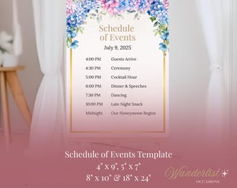Plantilla de cronograma de boda de hortensias • Calendario de eventos imprimible en Canva • Letrero de itinerario floral azul • Señalización de boda de descarga instantánea